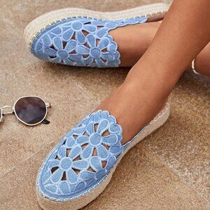 Blue Boho Women's Woman Floral Embroidered Flat Vacation Summer